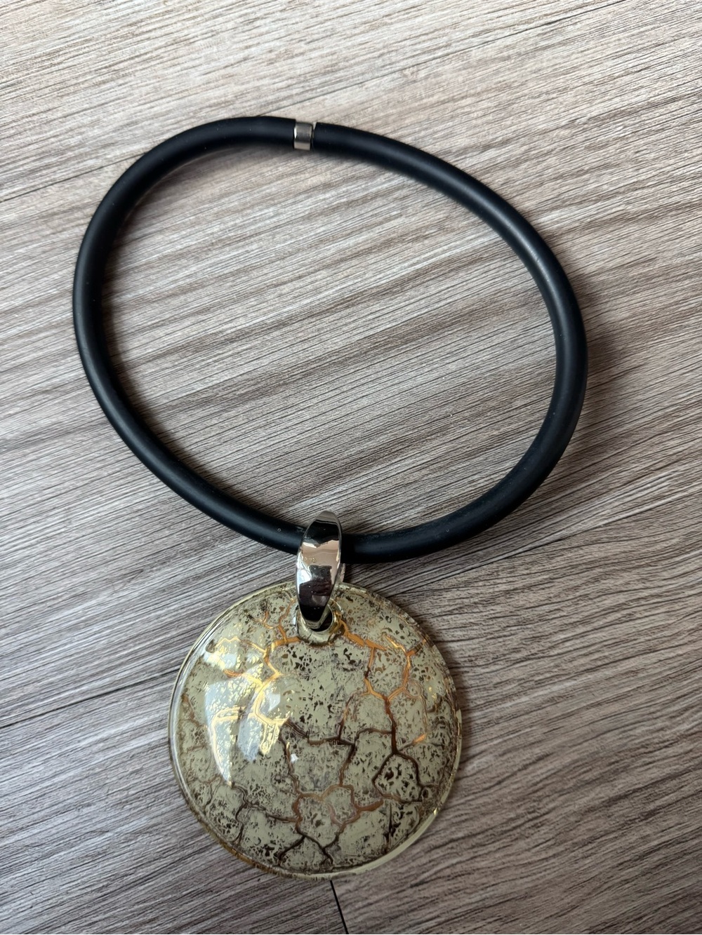 Artisan Ceramic Crackle Glaze Pendant Necklace Black Rubber Cord
